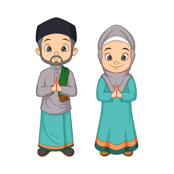 Vector Illustration Cartoon Muslim Man Woman Greeting Salaam — Stock Vector