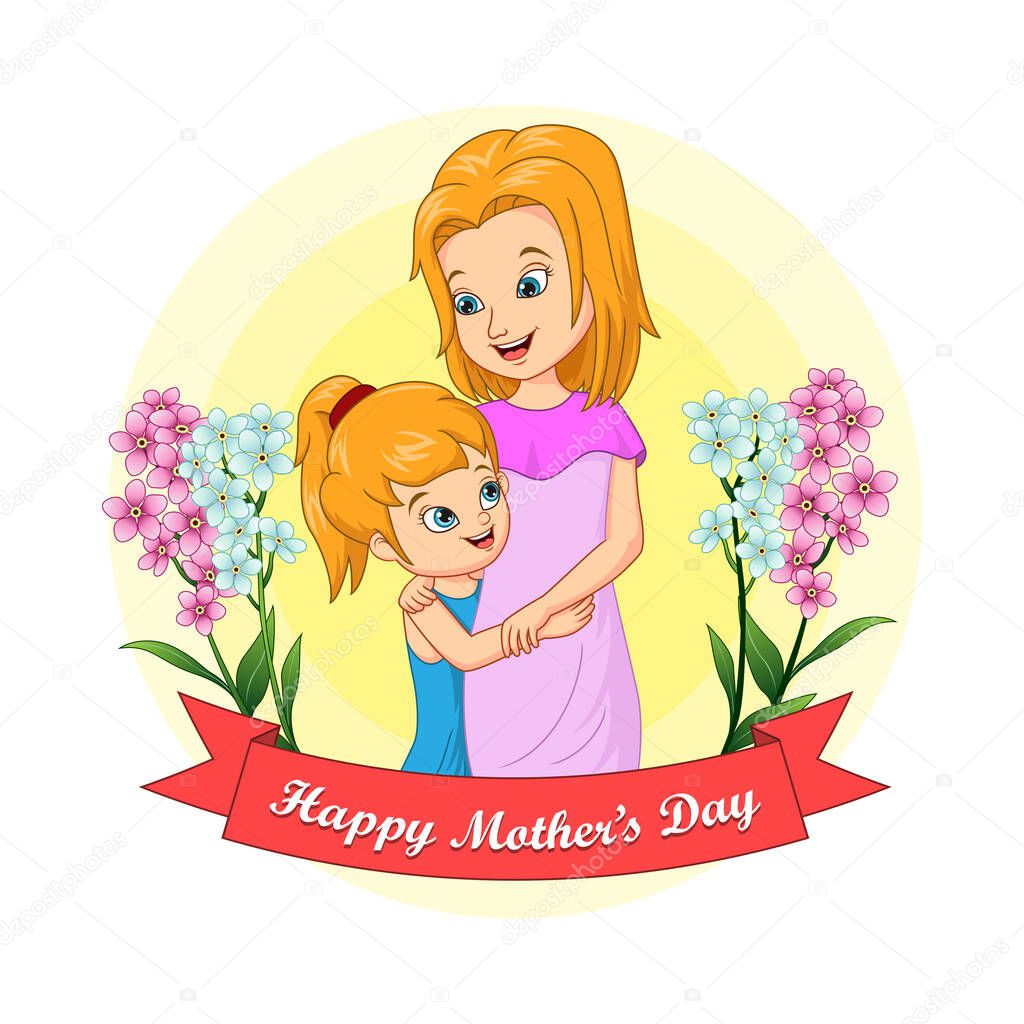 Vector illustration of Happy mother's day card. Cute little girl hugging her mother