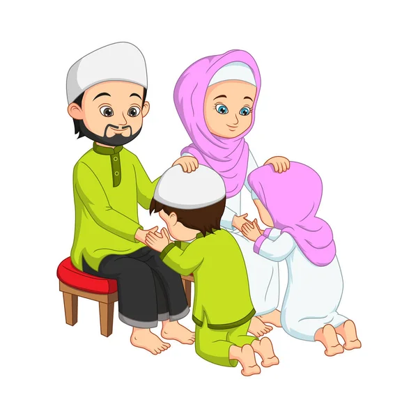 Εικονογράφηση Διάνυσμα Μουσουλμάνων Παιδιών Που Προσεύχονται Και Φιλούν Χέρια Των — Διανυσματικό Αρχείο