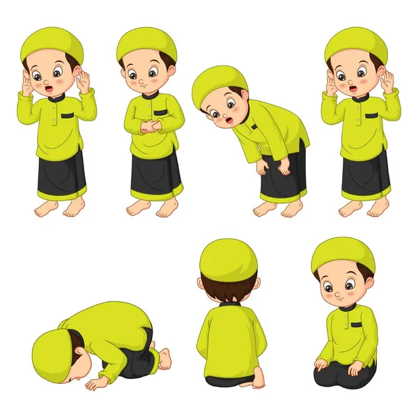 Vector Illustration Cute Muslim Boy Perform Prayer Steps — Stock Vector