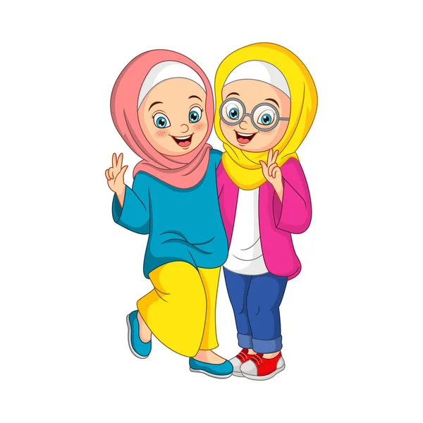 Vector Illustration Two Happy Muslim Girl Cartoon — Stock Vector