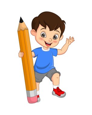 Büyük bir kalem tutan sevimli küçük çocuğun vektör çizimi.