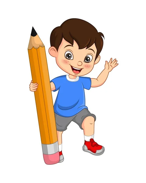 Ilustración Vectorial Lindo Niño Sosteniendo Lápiz Grande — Vector de stock