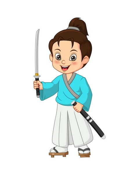 剣を持つ漫画日本の武士の少年のベクトルイラスト — ストックベクタ