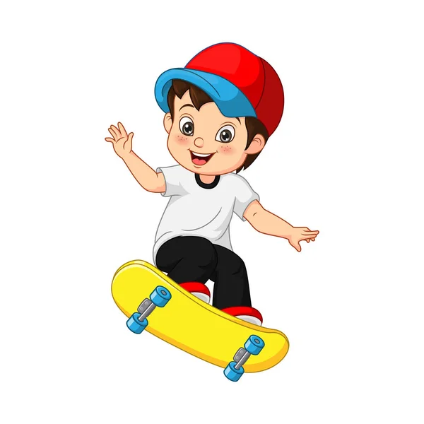 Vektorillustration Des Glücklichen Kleinen Jungen Der Skateboard Spielt — Stockvektor