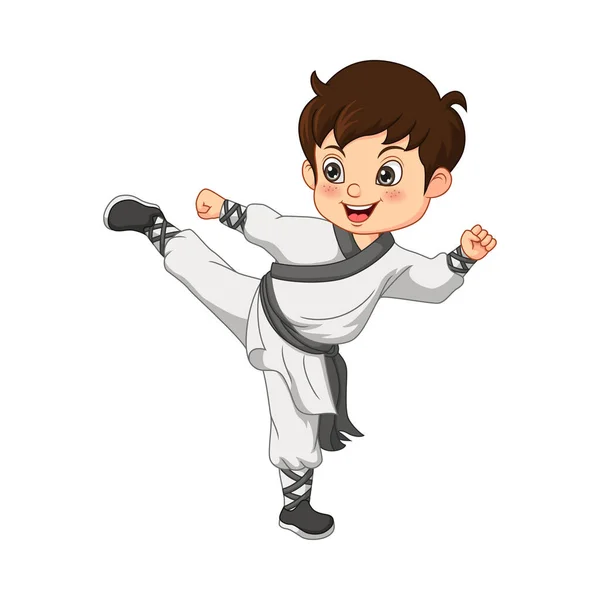 Vektor Illustration Von Cartoon Kleiner Junge Praktiziert Karate — Stockvektor