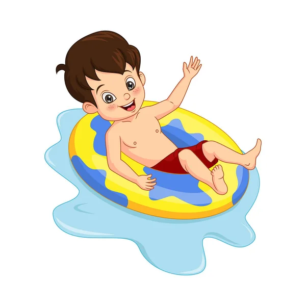 Vector Illustration Cute Boy Floating Inflatable Ring — Stock Vector