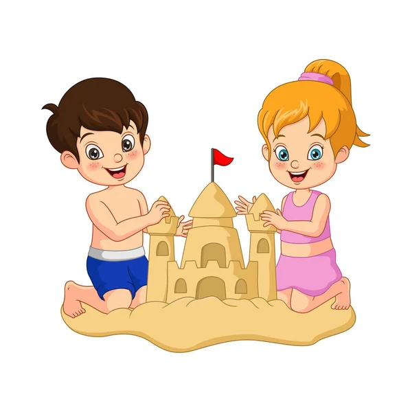 Ilustração Vetorial Menino Menina Dos Desenhos Animados Fazendo Castelos Areia —  Vetores de Stock