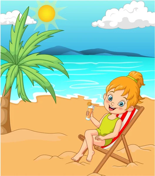 Ilustración Vectorial Chica Dibujos Animados Traje Baño Tomando Sol Playa — Archivo Imágenes Vectoriales