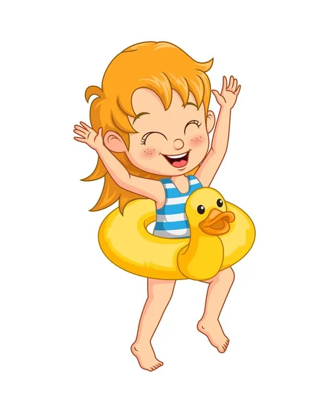 Vector Illustration Cartoon Little Girl Inflatable Duck Ring — Stock Vector