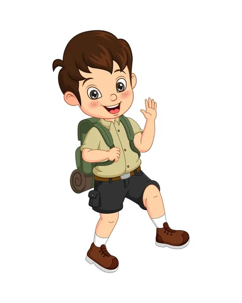 Illustrazione Vettoriale Cartoon Boy Explorer Con Zaino Mano Ondulante — Vettoriale Stock