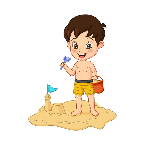 Ilustración Vectorial Cartoon Boy Haciendo Castillos Arena Una Playa — Archivo Imágenes Vectoriales