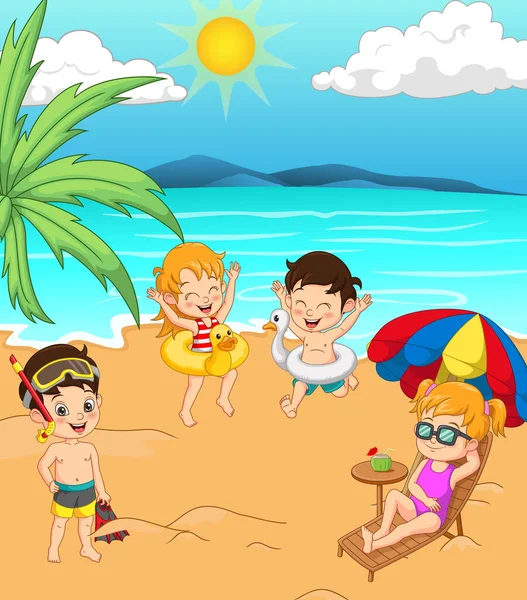 Illustrazione Vettoriale Gruppo Bambini Felici Dei Cartoni Animati Spiaggia — Vettoriale Stock