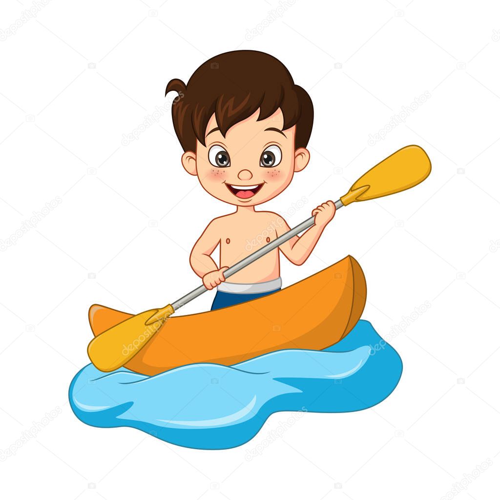 Vector illustration of Cartoon happy little boy rowing a boat