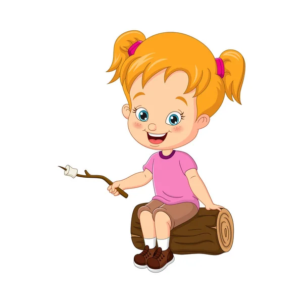 Vector Illustration Cartoon Little Girl Roasting Marshmallow —  Vetores de Stock