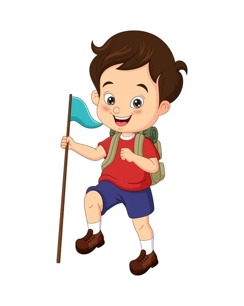 Vector Illustration Cartoon Happy Boy Scout Holding Flag —  Vetores de Stock