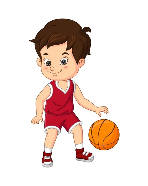 Vector Illustratie Van Cartoon Schattig Jongetje Spelen Basketbal — Stockvector