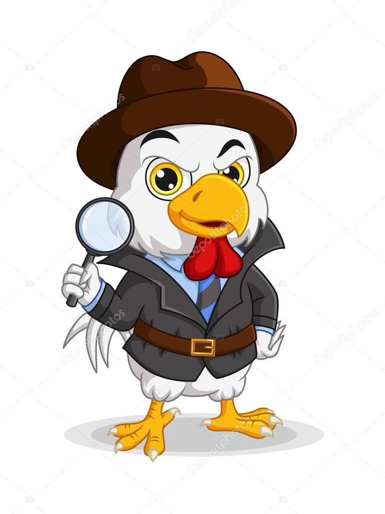 Vector illustration of Cartoon detective chicken holding magnifying glass