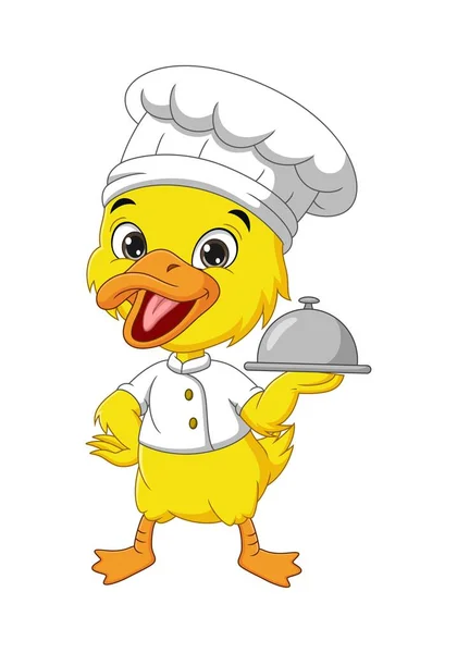 Vector Illustration Cartoon Little Yellow Duckling Chef Holding Silver Tray — ストックベクタ