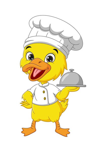 Vector illustration of Cartoon little yellow duckling chef holding a silver tray