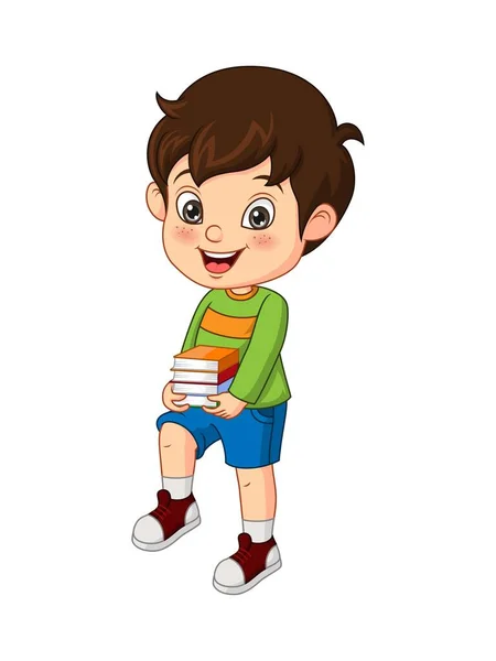 Vektor Illustration Von Happy Cute Little Boy Holding Stapel Von — Stockvektor