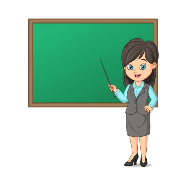 Vector Illustration Young Female Teacher Blackboard Pointing Stick — Vetor de Stock