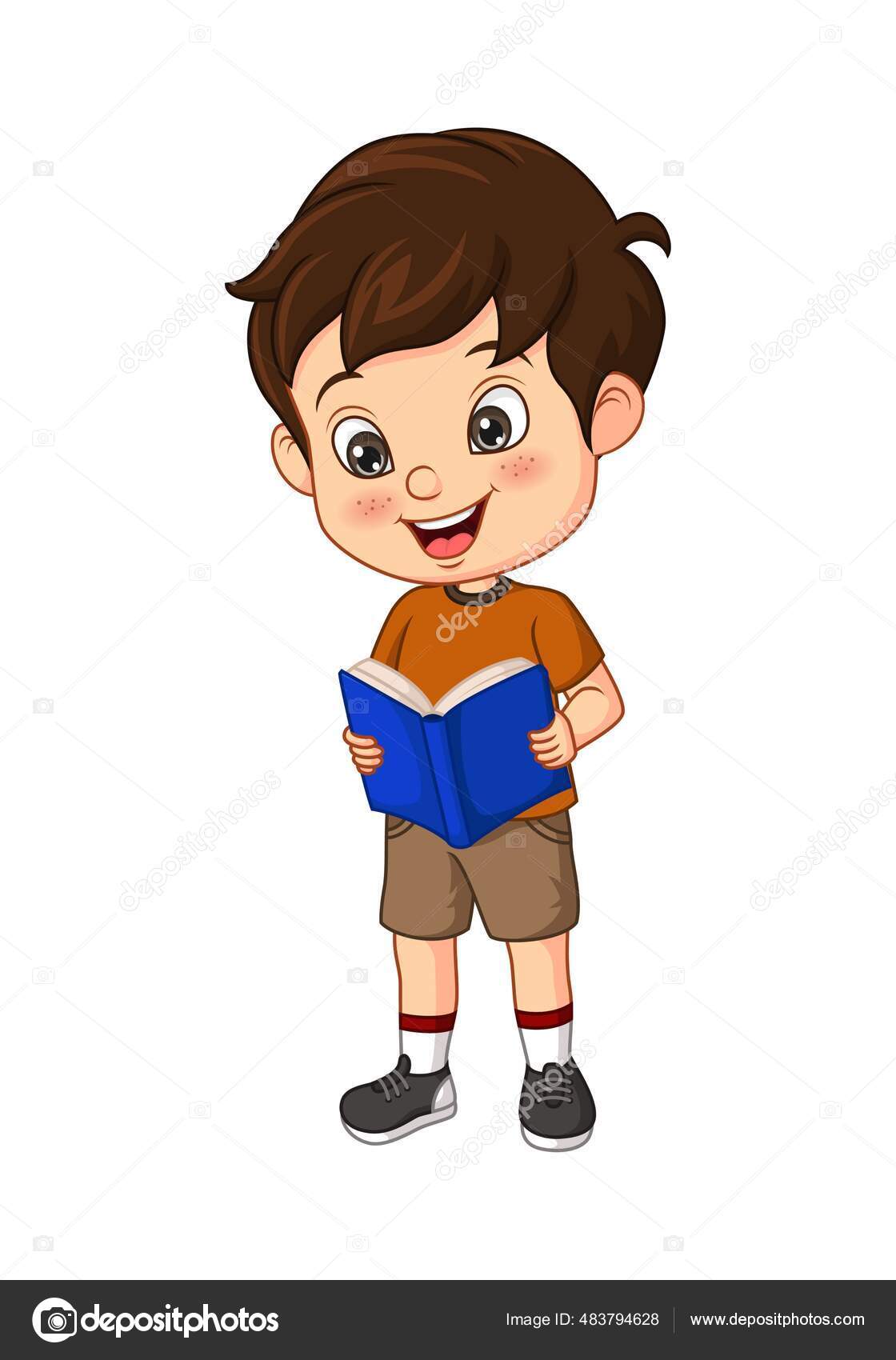 Vector Illustration Cartoon Boy Student Stands Reading Book Stock