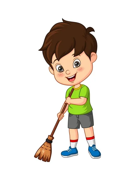 Vector Illustration Cartoon Little Boy Sweeping Floor — Stock Vector