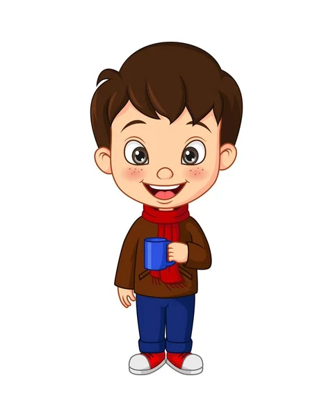 Vector Illustration Cartoon Little Boy Autumn Clothes Holding Cup — 图库矢量图片