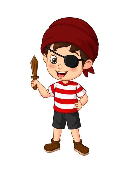 木刀を持った漫画海賊少年のベクトルイラスト — ストックベクタ