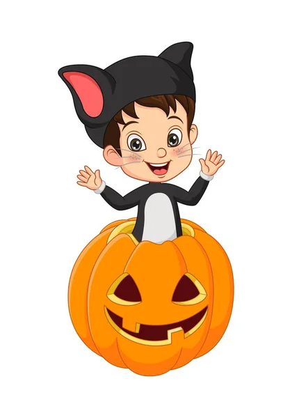 Wektor Ilustracja Kreskówki Mały Chłopiec Sobie Halloween Kostium Kota Wewnątrz — Wektor stockowy