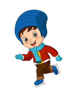 Kışlık giysiler içinde el sallayarak buz pateni yapan şirin bir çocuğun vektör çizimi.
