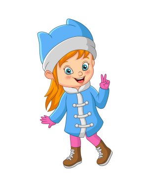 Barış işareti olan, kışlık giysili şirin küçük bir kızın vektör çizimi
