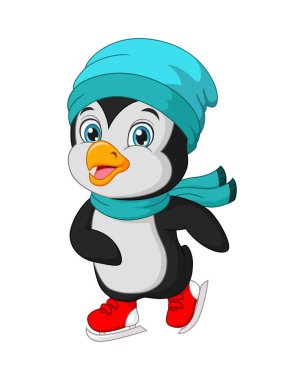 Buz pateni oynayan sevimli penguenin vektör çizimi