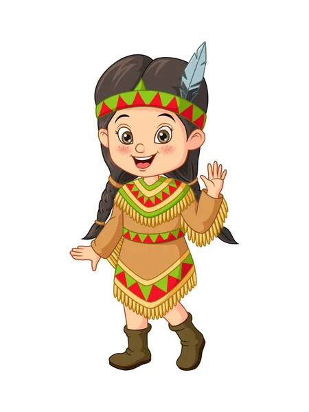 Vektor Illustration Eines Kleinen Mädchens Amerikanischen Indianerkostüm — Stockvektor