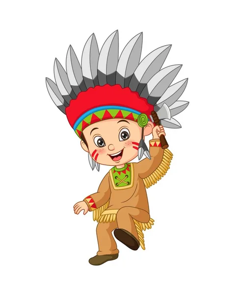 ベクトルイラストの漫画少年たち身に着けているアメリカインディアンの衣装を保持斧 — ストックベクタ