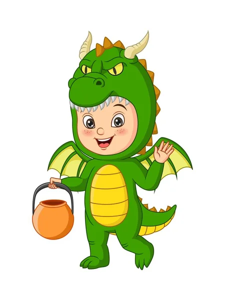 Vector Illustration Cartoon Little Boy Wearing Dragon Costume — Stock Vector