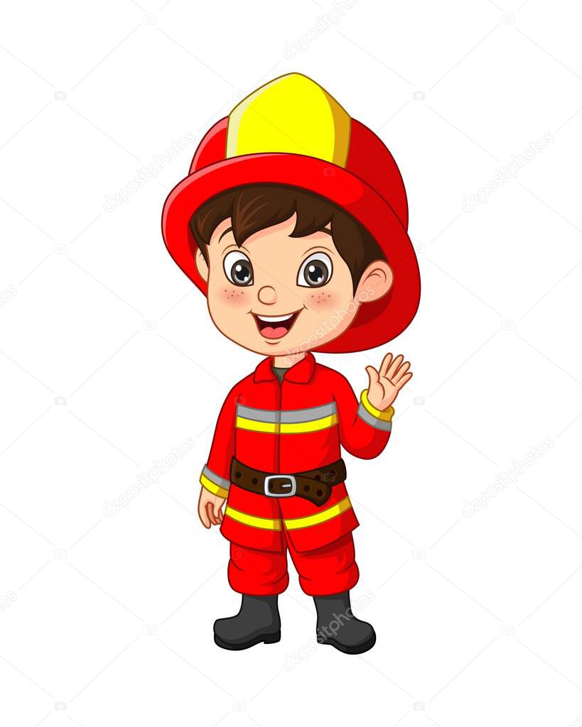 Vector illustration of Cute little boy wearing fireman costume