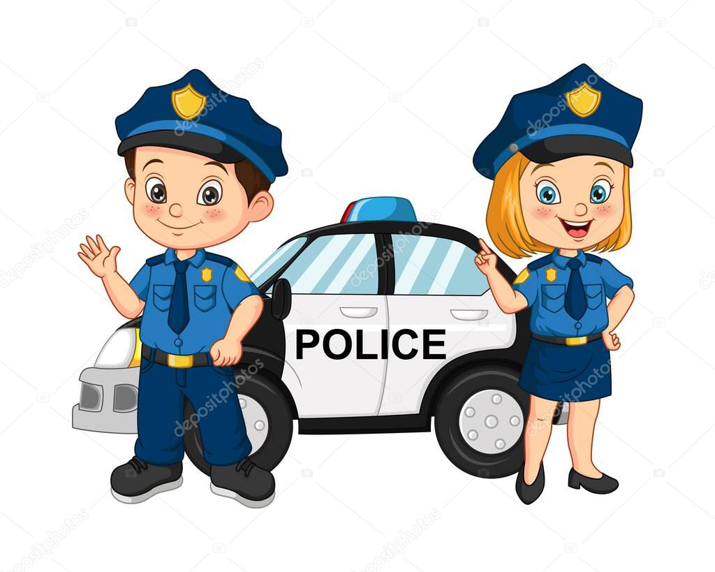 Vector illustration of Cartoon police kids standing near the police car