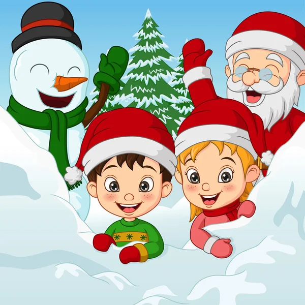 Vector Illustration Christmas Celebrating Kids Snowman Santa Claus — Stock Vector