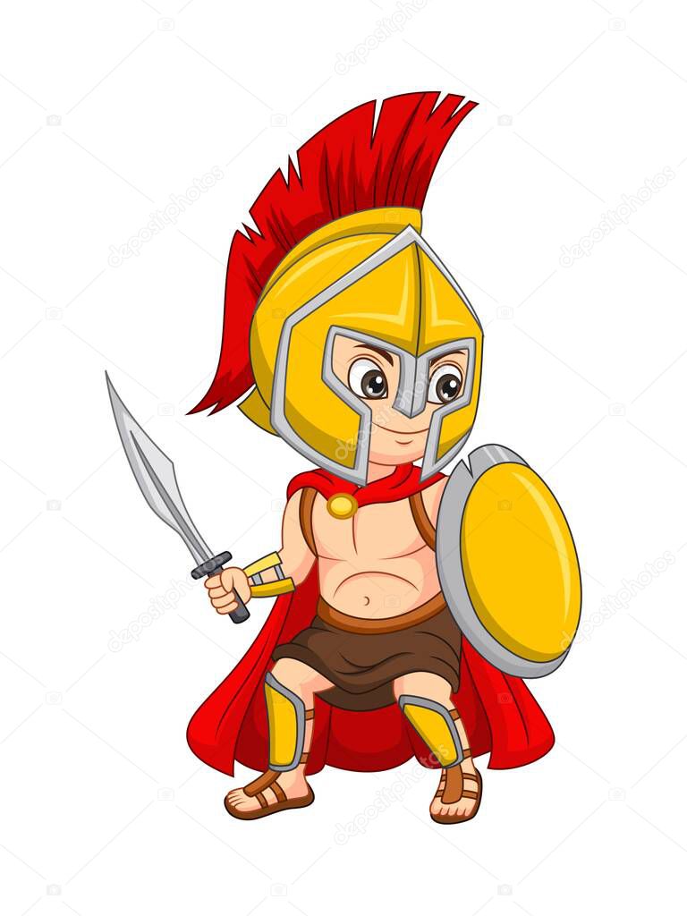 Vector illustration of Cartoon spartan warrior boy holding sword and shield