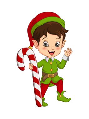 Noel Elf kostümü giymiş, elinde şeker kamışı tutan şirin bir çocuğun vektör çizimi.