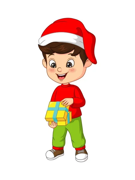 Vektor Illustration Von Nettem Kleinen Jungen Öffnet Das Weihnachtsgeschenk — Stockvektor