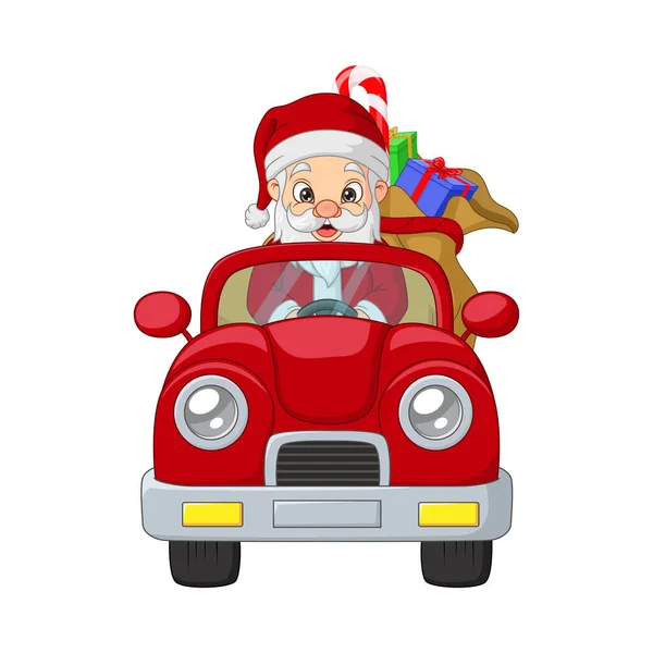 Illustration Vectorielle Cartoon Santa Claus Conduisant Une Voiture Rouge Avec — Image vectorielle