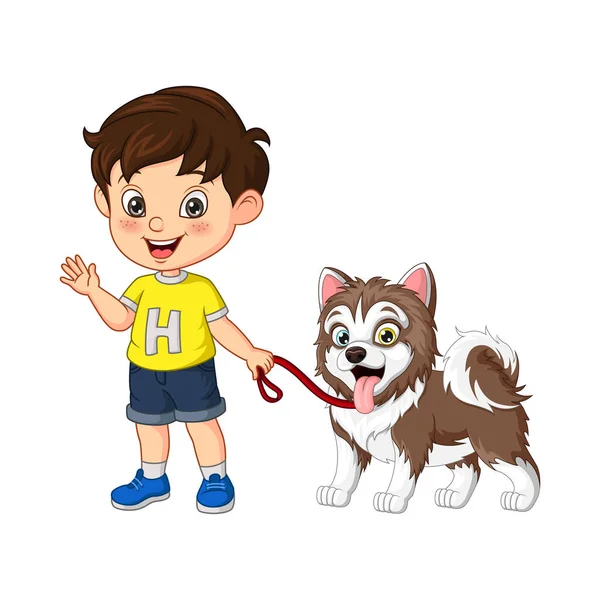 Tecknad Liten Pojke Med Sin Hund — Stock vektor