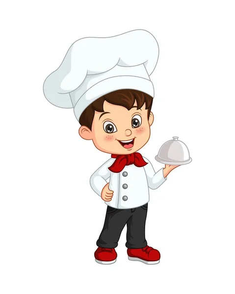 Vector Illustration Cute Little Boy Chef Holding Silver Tray — Stock Vector