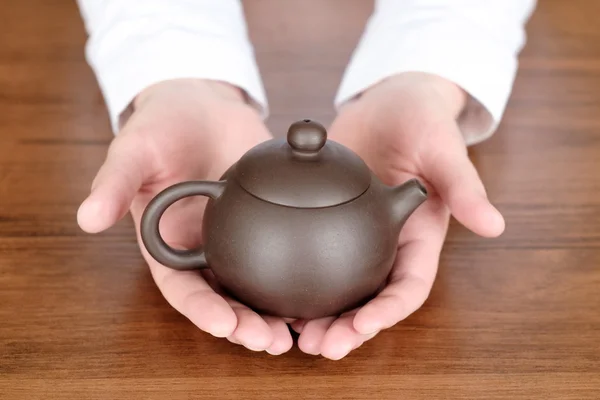 Teapot in her hands Stock Image