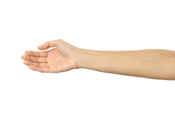 Wyciągnięta Żeńska Ręka Kobieta Ręka Francuskim Manicure Gestykulując Izolowane Białym — Zdjęcie stockowe