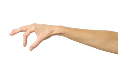 El pençe, el ele tutuşmak, kavramak ya da uzanmak. Beyaz arka planda izole edilmiş Fransız manikürlü kadın eli. Dizinin bir parçası