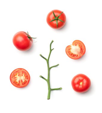 Beyaz arka planda izole edilmiş kırmızı domates koleksiyonu. Birden fazla resim seti. Dizinin bir parçası